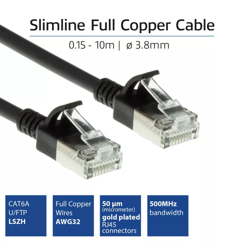 ACT Black 7 m LSZH U/FTP CAT6A plonas lizdinis kabelis su apsaugotais RJ45 jungtimis