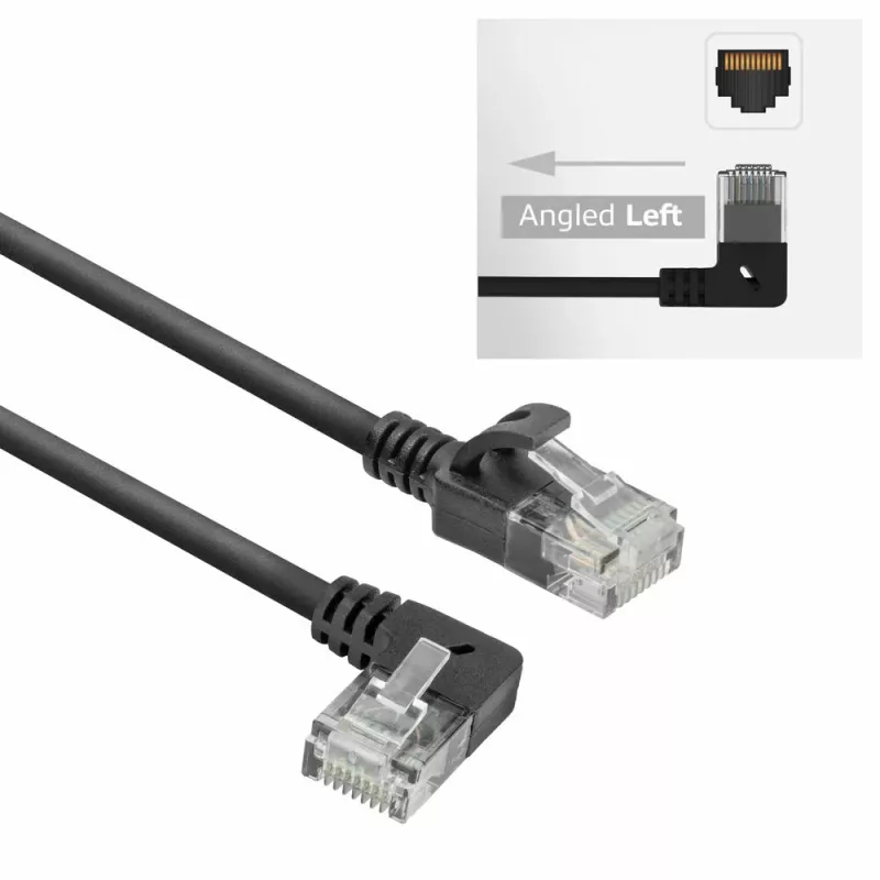 ACT Black 2 m U/UTP CAT6A LSZH plonas pataisos laidas su RJ45 jungtimis 90° kampu į kairę ir tiesia
