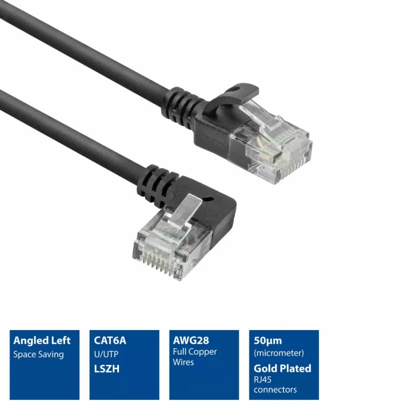 ACT Black 2 m U/UTP CAT6A LSZH plonas pataisos laidas su RJ45 jungtimis 90° kampu į kairę ir tiesia