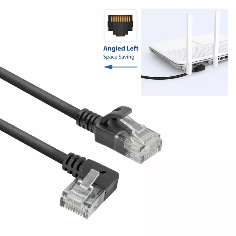 ACT Black 2 m U/UTP CAT6A LSZH plonas pataisos laidas su RJ45 jungtimis 90° kampu į kairę ir tiesia