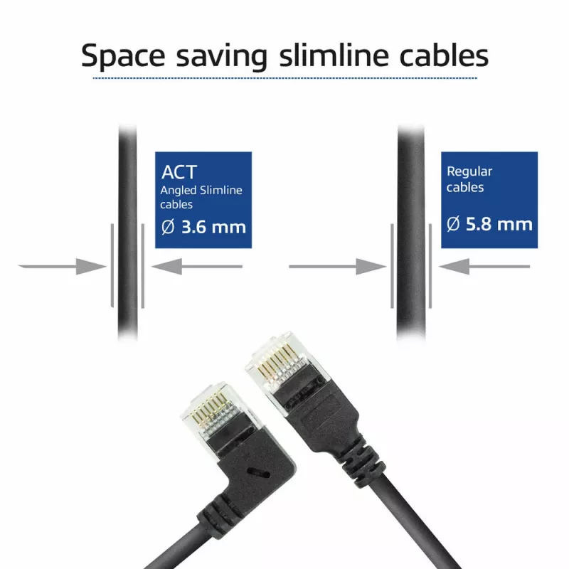 ACT Black 2 m U/UTP CAT6A LSZH plonas pataisos laidas su RJ45 jungtimis 90° kampu į kairę ir tiesia