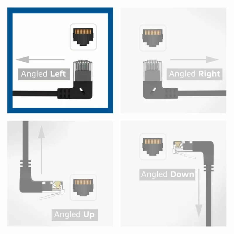 ACT Black 2 m U/UTP CAT6A LSZH plonas pataisos laidas su RJ45 jungtimis 90° kampu į kairę ir tiesia