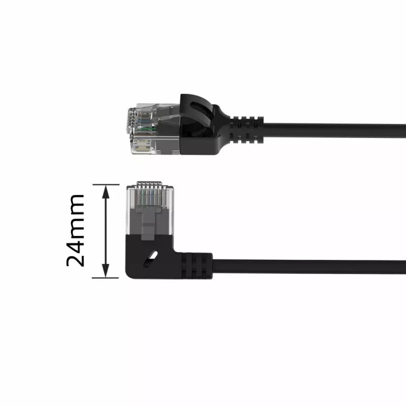 ACT Black 1,5 m U/UTP CAT6A LSZH plonas pataisymo laidas su RJ45 jungtimis 90° kairiu kampu ir tiesia