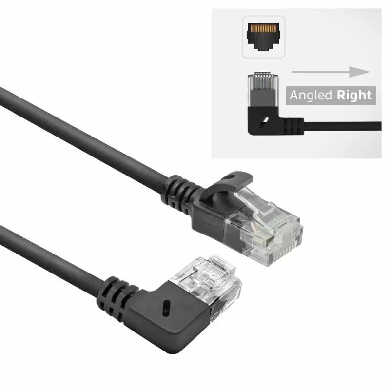 ACT Black 1 m U/UTP CAT6A LSZH plonas jungiamasis kabelis su RJ45 jungtimis 90° kampu dešinėn į tiesią
