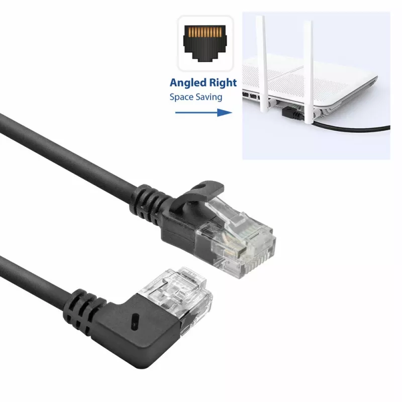 ACT Black 1 m U/UTP CAT6A LSZH plonas jungiamasis kabelis su RJ45 jungtimis 90° kampu dešinėn į tiesią