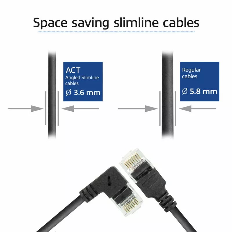 ACT Black 1 m U/UTP CAT6A LSZH plonas jungiamasis kabelis su RJ45 jungtimis 90° kampu dešinėn į tiesią