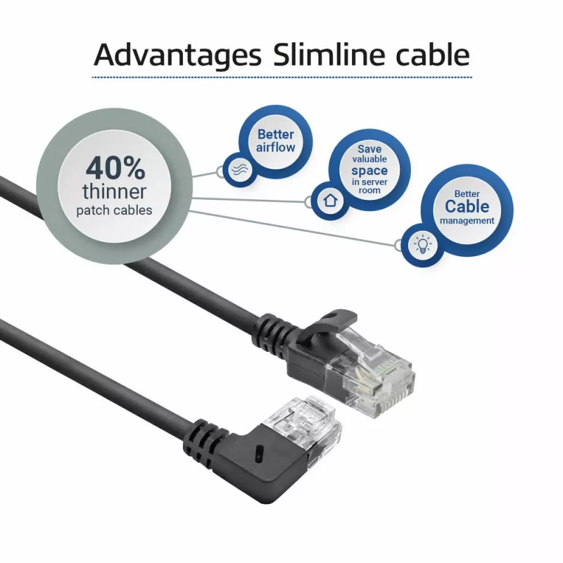ACT Black 1 m U/UTP CAT6A LSZH plonas jungiamasis kabelis su RJ45 jungtimis 90° kampu dešinėn į tiesią
