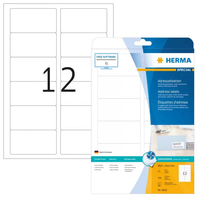 HERMA 8842 lipnūs adresų etikečių lapai rašaliniams spausdintuvams, 88,9x46,6 mm, 300 vnt.