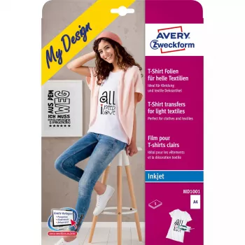 Perkėlimo popierius drabužiams Avery Zweckform MD1001 — polipropilenas A4 210×297 mm, baltas, šviesiems audiniams, 5 lapų pakuotė