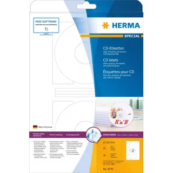 CD etiketės HERMA A4 Ø 116 mm balto matinio nepermatomo popieriaus 50 vnt.
