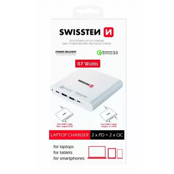 Keliautojų įkroviklis SWISSTEN SW-TCH-87W-PD30-QC30-W — 87 W, PD 3.0, QC 3.0, išmaniesiems telefonams ir nešiojamiesiems kompiuteriams