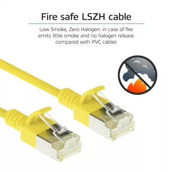 ACT geltonas 1,5 m LSZH U/FTP CAT6A plonas jungiamasis kabelis su apsaugotais RJ45 kištukais