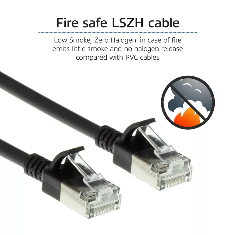 ACT Black 1 m LSZH U/FTP CAT6A plonas lizdinis kabelis su RJ45 jungtimis