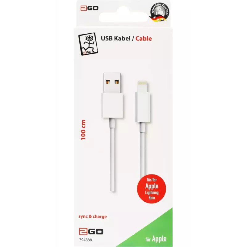 2GO 794888 Lightning laidas 1m baltas USB B