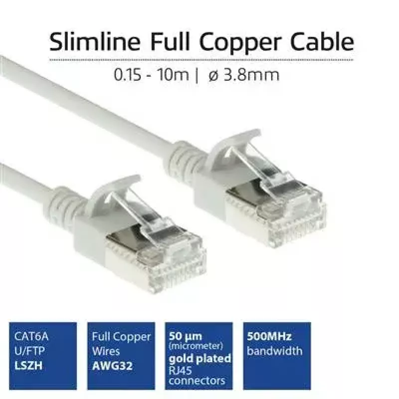 ACT pilkas 10 m LSZH U/FTP CAT6A plonas centrinis pataisymo laidas su apsauga nuo užkabinimo ir RJ45 jungtimis
