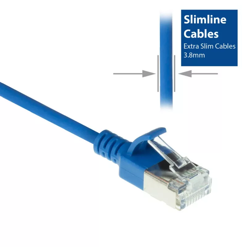 ACT Blue 10 metrų LSZH U/FTP CAT6A plonas pataisos kabelis su apsaugotais RJ45 jungtimis