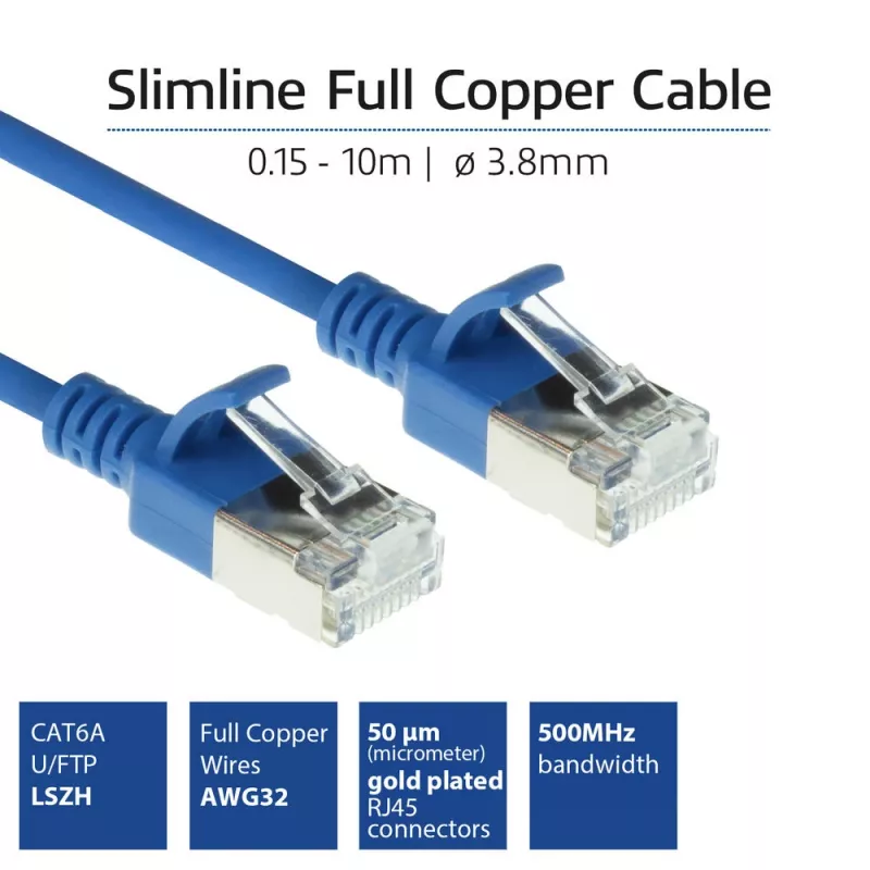 ACT Blue 10 metrų LSZH U/FTP CAT6A plonas pataisos kabelis su apsaugotais RJ45 jungtimis