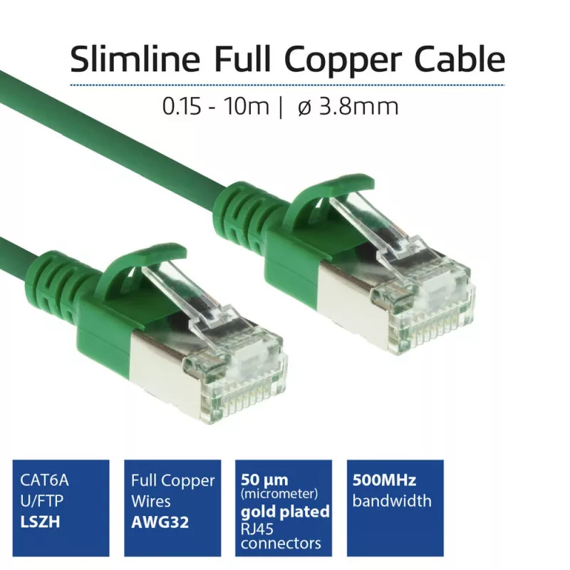 ACT Green 7 m LSZH U/FTP CAT6A plonas jungiamasis kabelis su apsauga nuo užsikabinimo ir RJ45 jungtimis