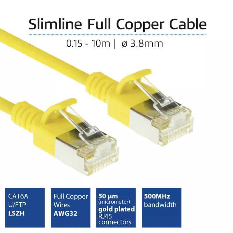 ACT geltonas 10 m LSZH U/FTP CAT6A plonas lankstus jungiamasis kabelis su apsauga nuo užkliuvimo ir RJ45 jungtimis
