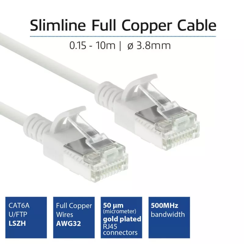 ACT White 3 m LSZH U/FTP CAT6A plonas jungiamasis kabelis su apsaugotais RJ45 kištukais
