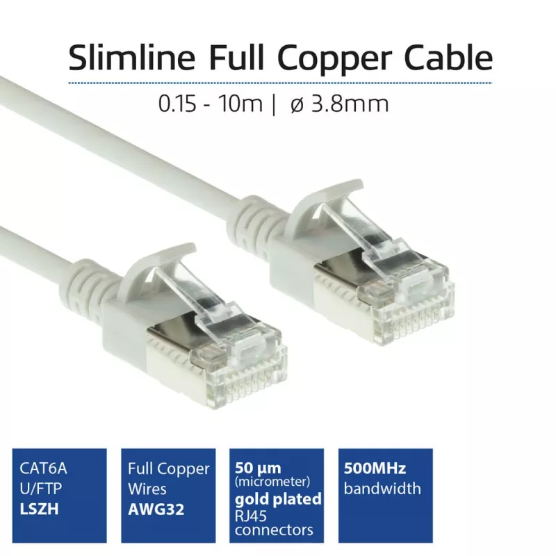 ACT pilkas 0,15 m LSZH U/FTP CAT6A plonas jungiamasis kabelis su apsaugotais RJ45 kištukais