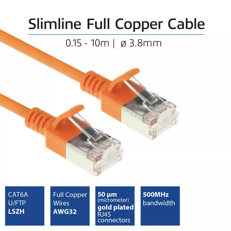 ACT Orange 10 m LSZH U/FTP CAT6A plonas lizdinis kabelis su užkabinimo apsauga RJ45 jungtimis