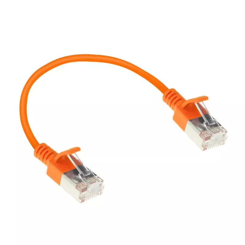 ACT Orange 0,25 m LSZH U/FTP CAT6A plonas jungiamasis kabelis su apsauga nuo užkliuvimo ir RJ45 kištukais