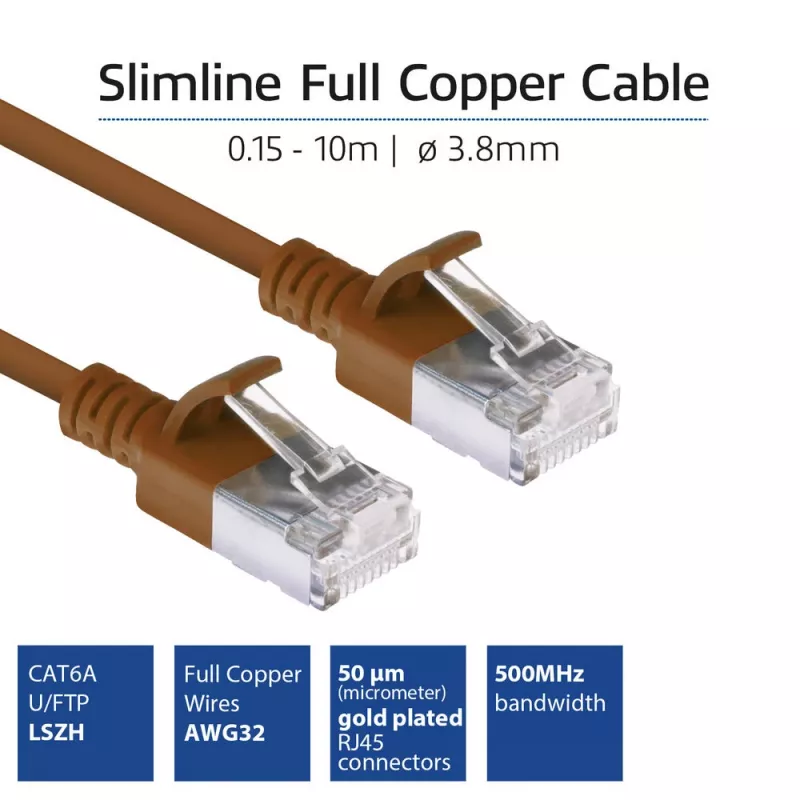 ACT Brown 1 m LSZH U/FTP CAT6A plonas lizdinis kabelis su RJ45 jungtimis