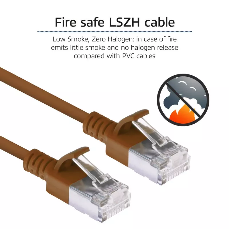 ACT Brown 0,25 m LSZH U/FTP CAT6A plonas duomenų centro pataisos laidas su apsauga nuo užkliuvimo ir RJ45 jungtimis