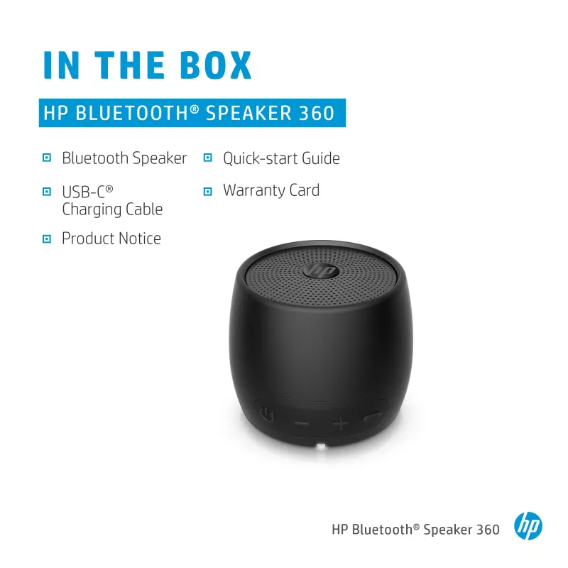 HP Bluetooth garsiakalbis 360, juodas, belaidis ir laidinis, nešiojamas mono garsiakalbis