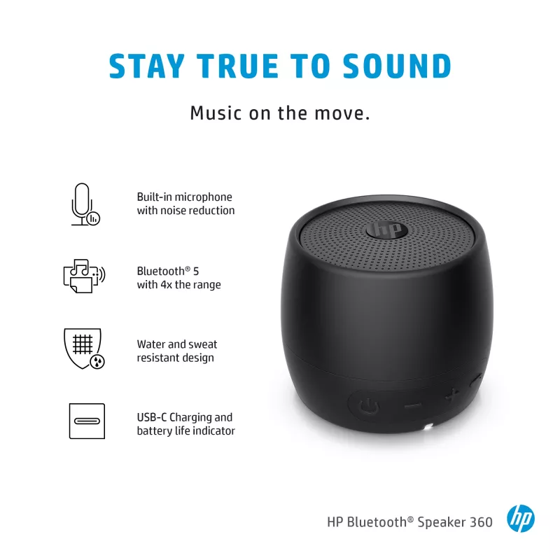HP Bluetooth garsiakalbis 360, juodas, belaidis ir laidinis, nešiojamas mono garsiakalbis