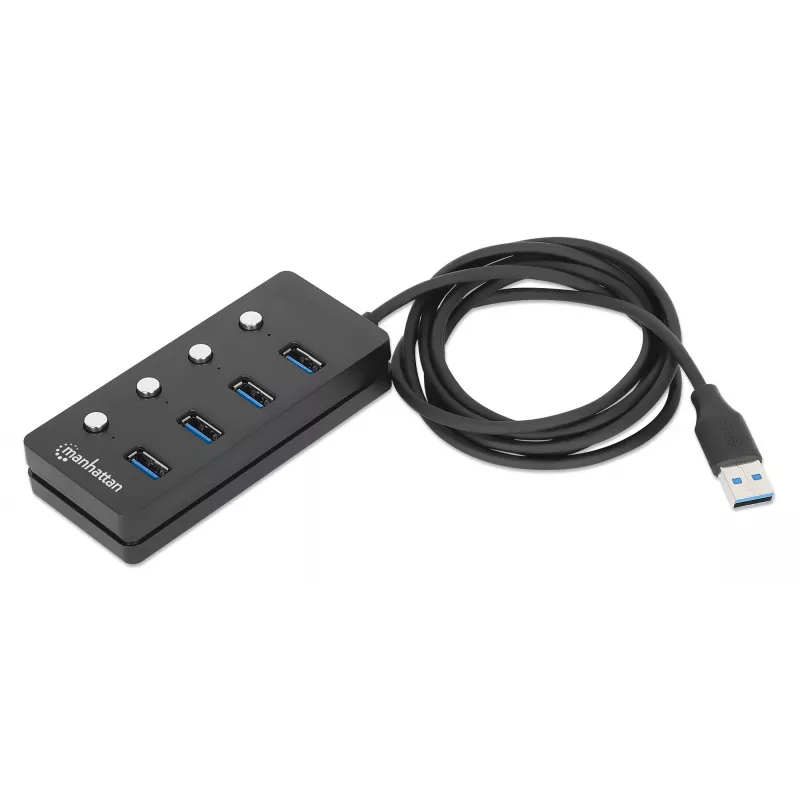 Manhattan USB-C Dock / Hub, 4 USB-A prievadai su atskirais jungikliais, 5 Gbps, juodas