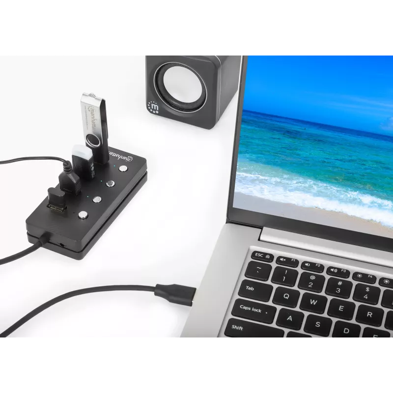 Manhattan USB-C Dock / Hub, 4 USB-A prievadai su atskirais jungikliais, 5 Gbps, juodas