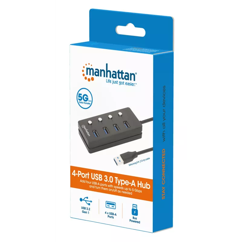 Manhattan USB-C Dock / Hub, 4 USB-A prievadai su atskirais jungikliais, 5 Gbps, juodas