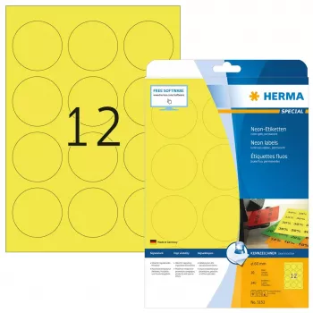 Lipnios etiketės HERMA Neon A4 Ø 60 mm apvalios šviesiai geltonos 240 vnt.
