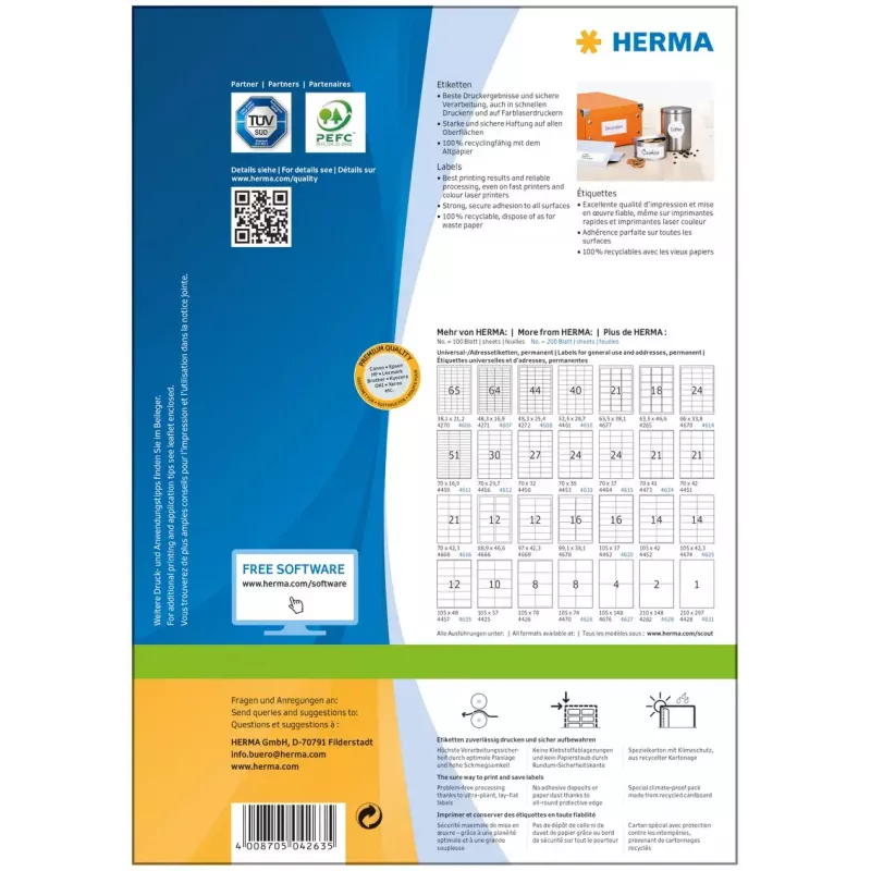 Lipnūs etikečių lapai HERMA Premium A4 70x33,8 mm 2400 vnt.