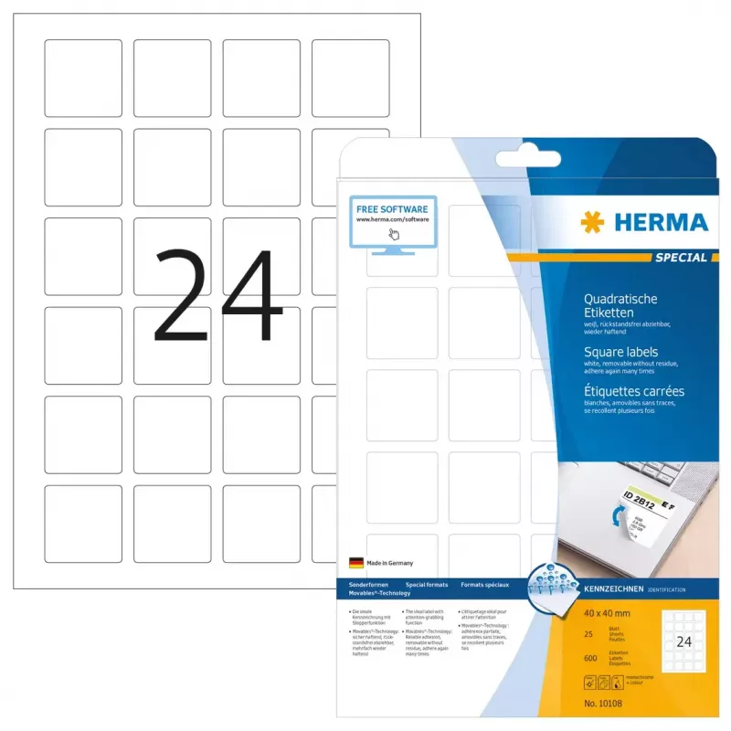 Nuimami lipdukai HERMA 10108 A4 40x40 mm kvadratiniai balti