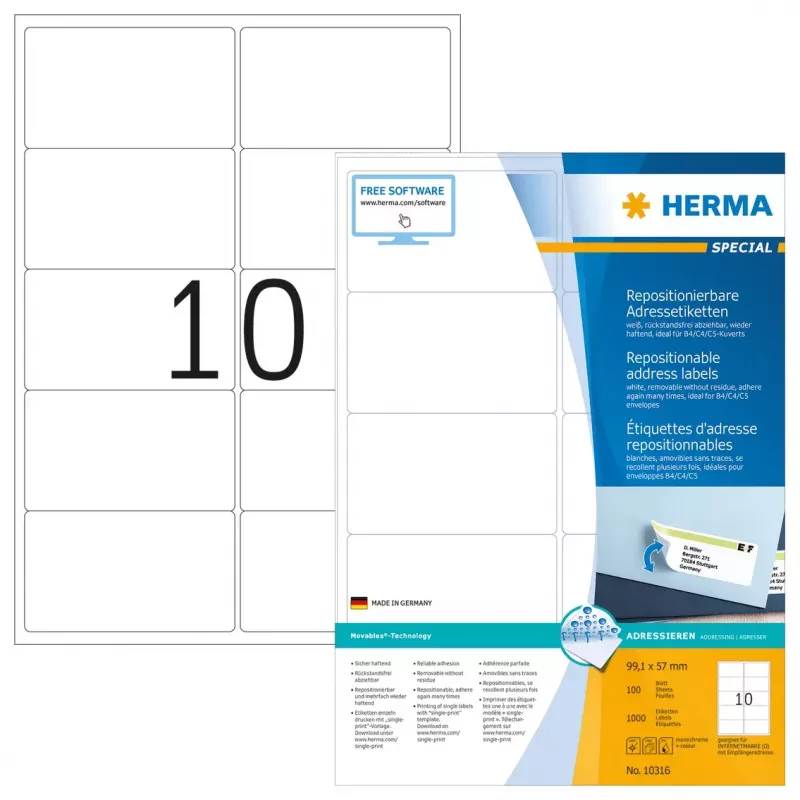 Perklijuojamos adresų etiketės HERMA 10316 A4 99,1x57 mm baltos