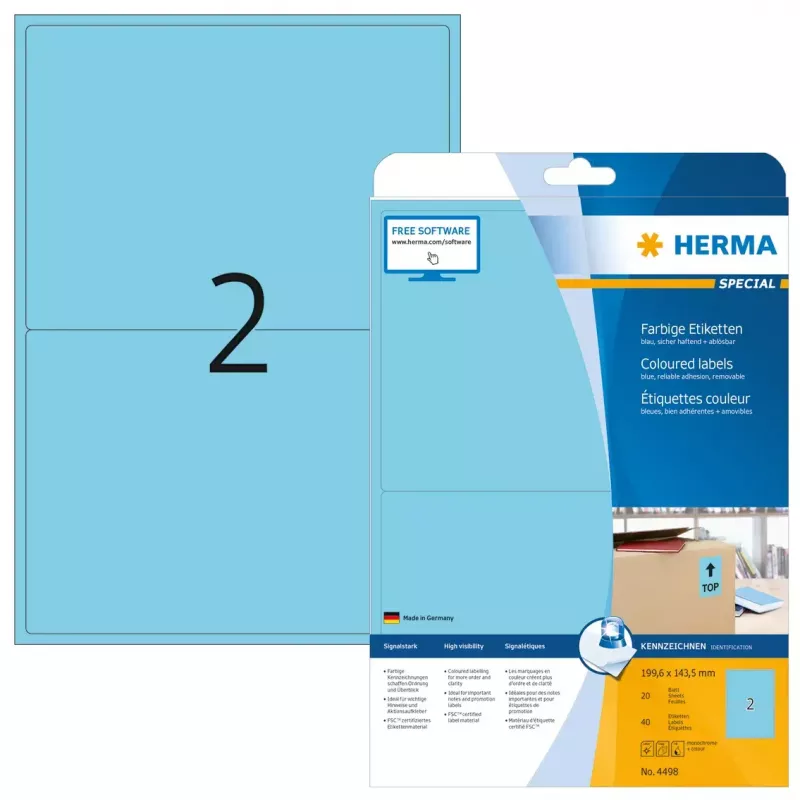 Lipnūs etikečių lapai HERMA Coloured Labels A4 199,6x143,5 mm mėlyni matiniai 40 vnt.