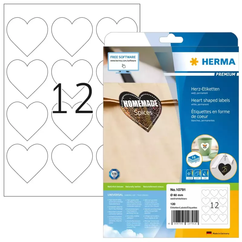 HERMA 10791 lipnūs širdelės formos etiketės Permanent White 120 vnt.