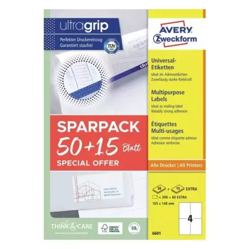 Lipni etiketė spausdintuvui AVERY 6601 balta 10,5x14,8 cm 260 vnt.