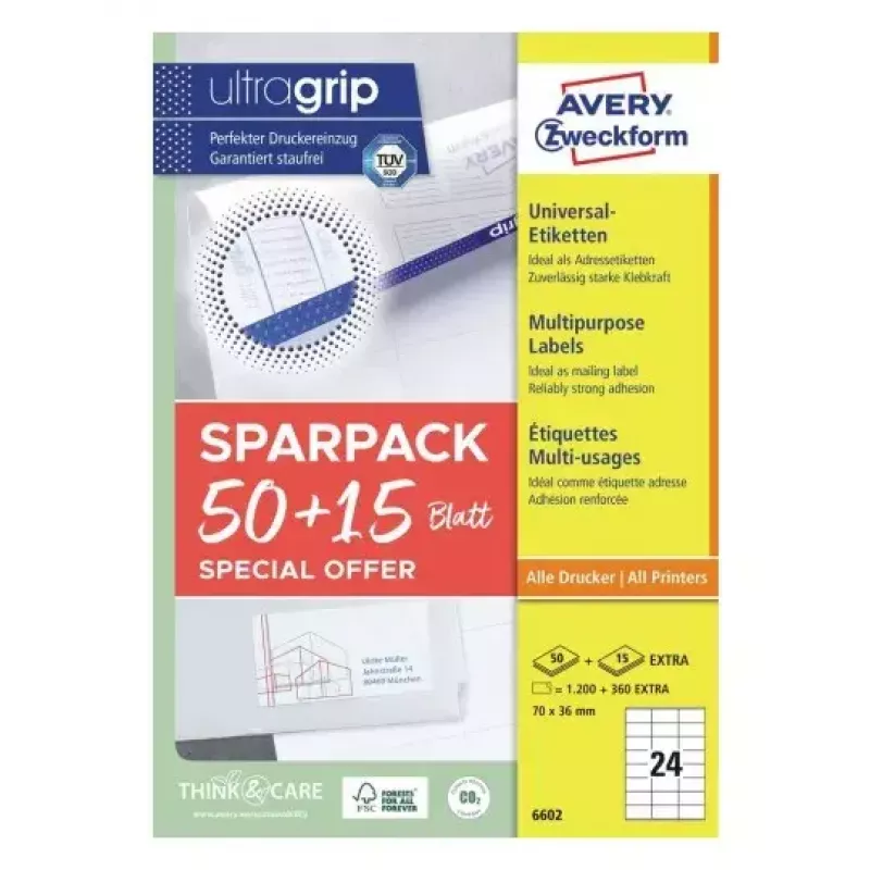 Lipnių etikečių rinkinys AVERY 6602 Baltas 70x36 mm 1560 vnt.