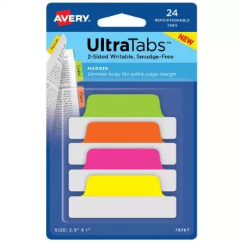Tuščios skirtukų etiketės Avery Ultra Tabs neon žalia, oranžinė, rožinė, geltona 74767