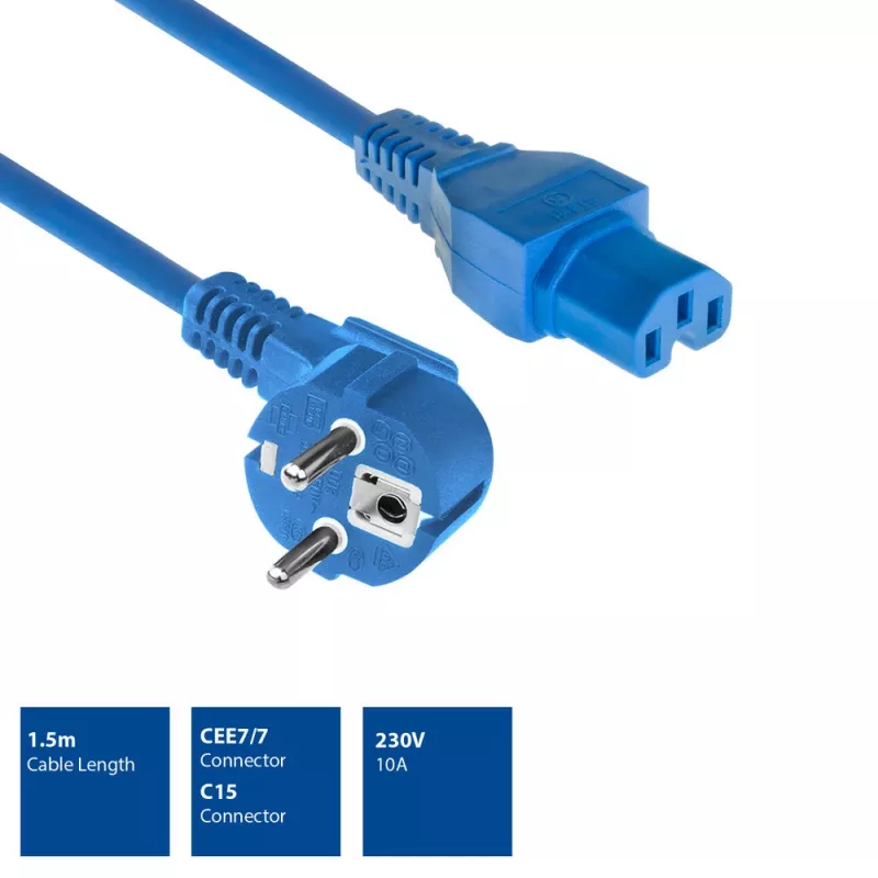 ACT maitinimo laidas CEE 7/7 kampinis kištukas C15 mėlynas 1,5 m 230V 10A