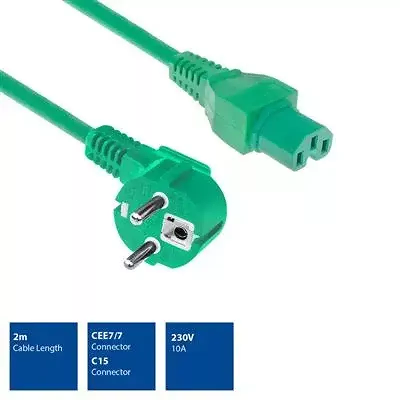 ACT maitinimo laidas CEE 7/7 kampinis kištukas į C15 žalias 2 m 250 V 10 A