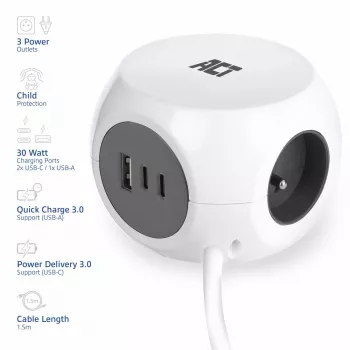 ACT AC2425 ilgintuvas su USB 1.5 m 3 kištukiniai lizdai Baltas