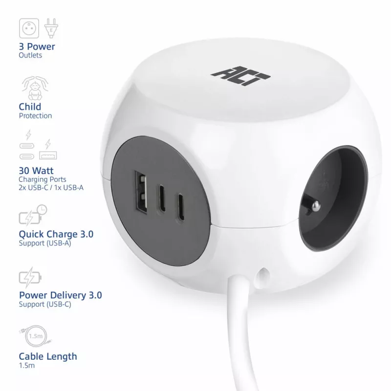 ACT AC2425 ilgintuvas su USB 1.5 m 3 kištukiniai lizdai Baltas