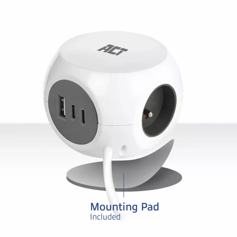 ACT AC2425 ilgintuvas su USB 1.5 m 3 kištukiniai lizdai Baltas