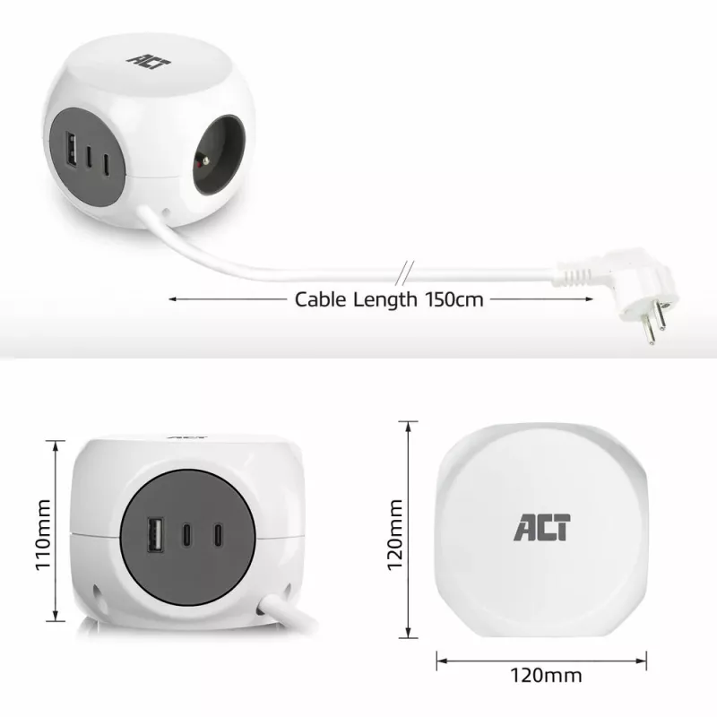 ACT AC2425 ilgintuvas su USB 1.5 m 3 kištukiniai lizdai Baltas