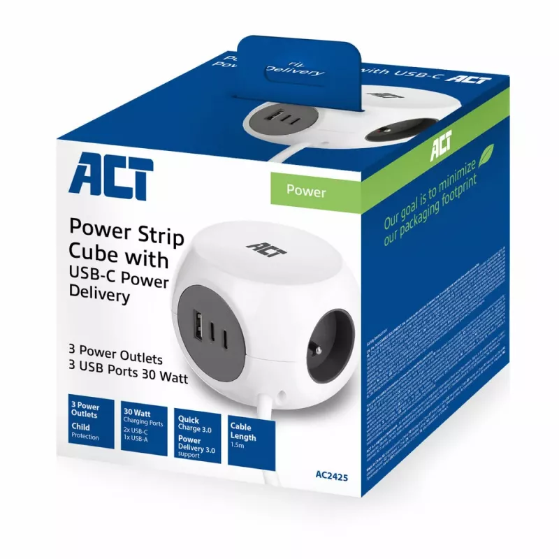 ACT AC2425 ilgintuvas su USB 1.5 m 3 kištukiniai lizdai Baltas